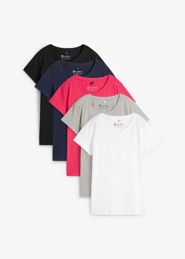CAMISETA DE CUELLO REDONDO Y MANGA CORTA (5 UNIDADES) ROSA HIBISCOGRIS CLARO JASPEADOBLANCONEGROAZUL OSCURO