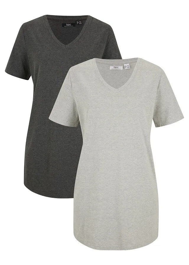 CAMISETA LARGA BáSICA CON CUELLO EN V Y MANGA CORTA (2 UNIDADES) GRIS CLARO JASPEADOGRIS OSCURO JASPEADO