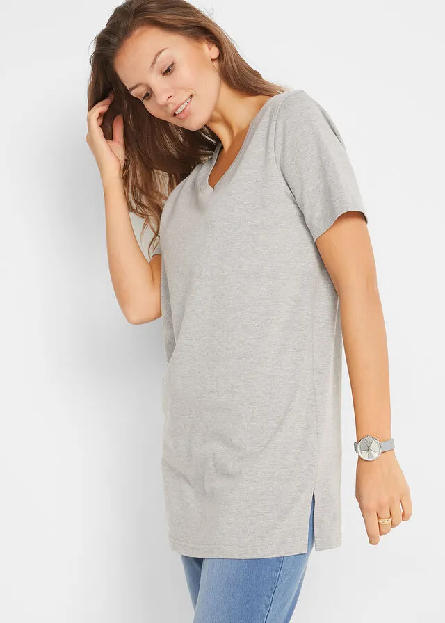 CAMISETA LARGA BáSICA CON CUELLO EN V Y MANGA CORTA (2 UNIDADES) GRIS CLARO JASPEADOGRIS OSCURO JASPEADO