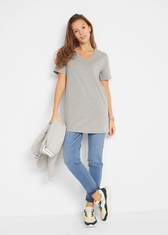 CAMISETA LARGA BáSICA CON CUELLO EN V Y MANGA CORTA (2 UNIDADES) GRIS CLARO JASPEADOGRIS OSCURO JASPEADO