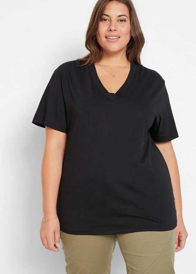 Camiseta larga y ancha con cuello en V (5 unidades), de manga corta negro + rosa hibisco + gris claro jaspeado + blanco + azul m