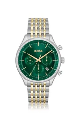 Cronógrafo con esfera verde y pulsera de eslabones en dos tonos