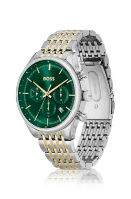 Cronógrafo con esfera verde y pulsera de eslabones en dos tonos