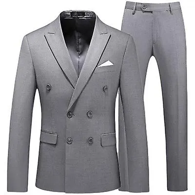 Gris Doble Pecho Hombres 2pcs / set Suits Slim Fit Work Business Wedding Groomsman Prom Suit