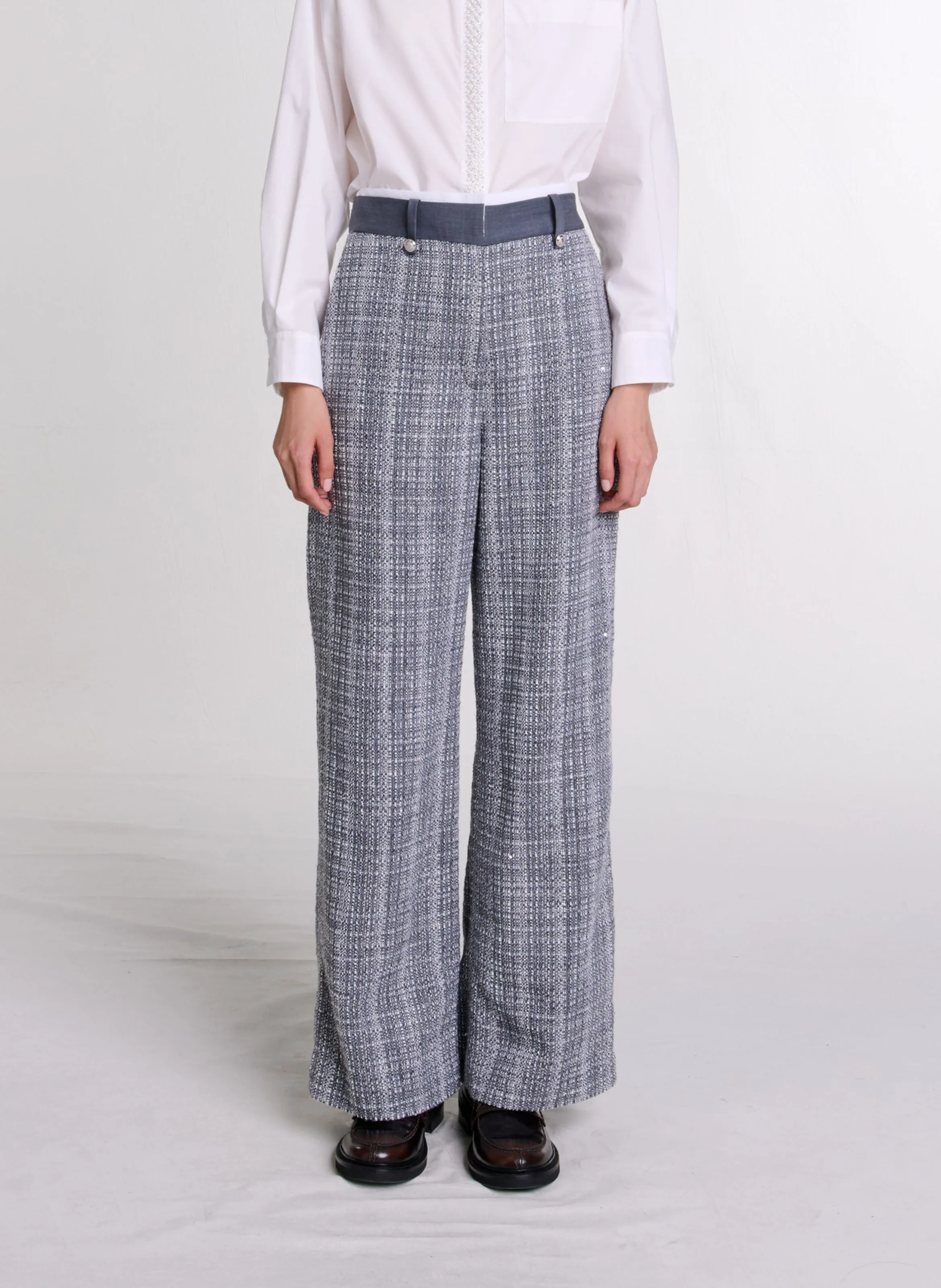 MAJE Pantalón ancho de tweed de talle alto en gris