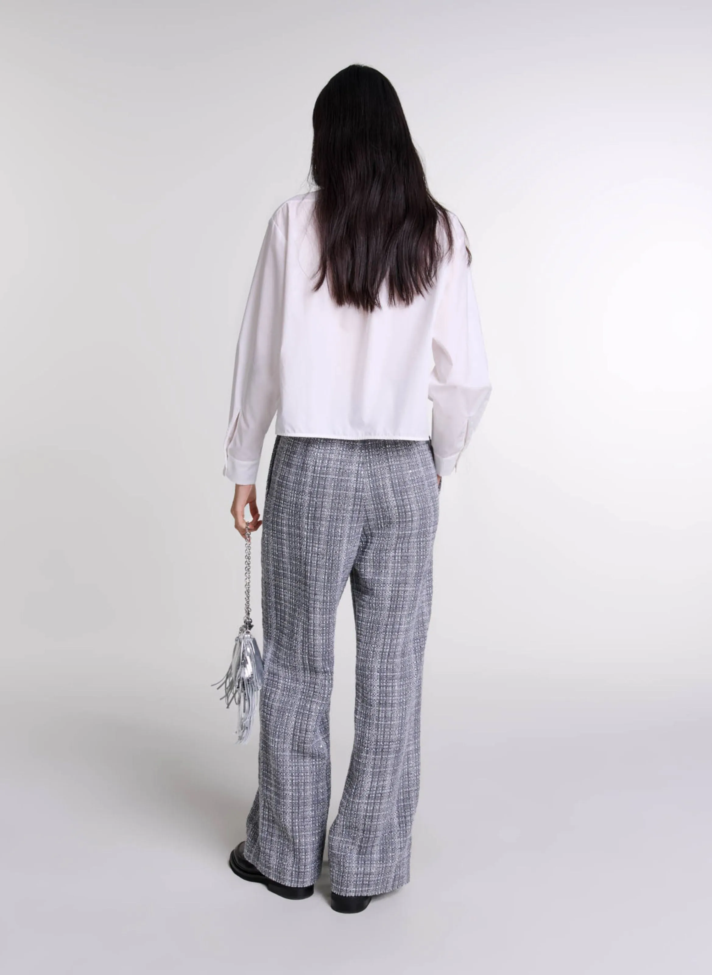 MAJE Pantalón ancho de tweed de talle alto en gris