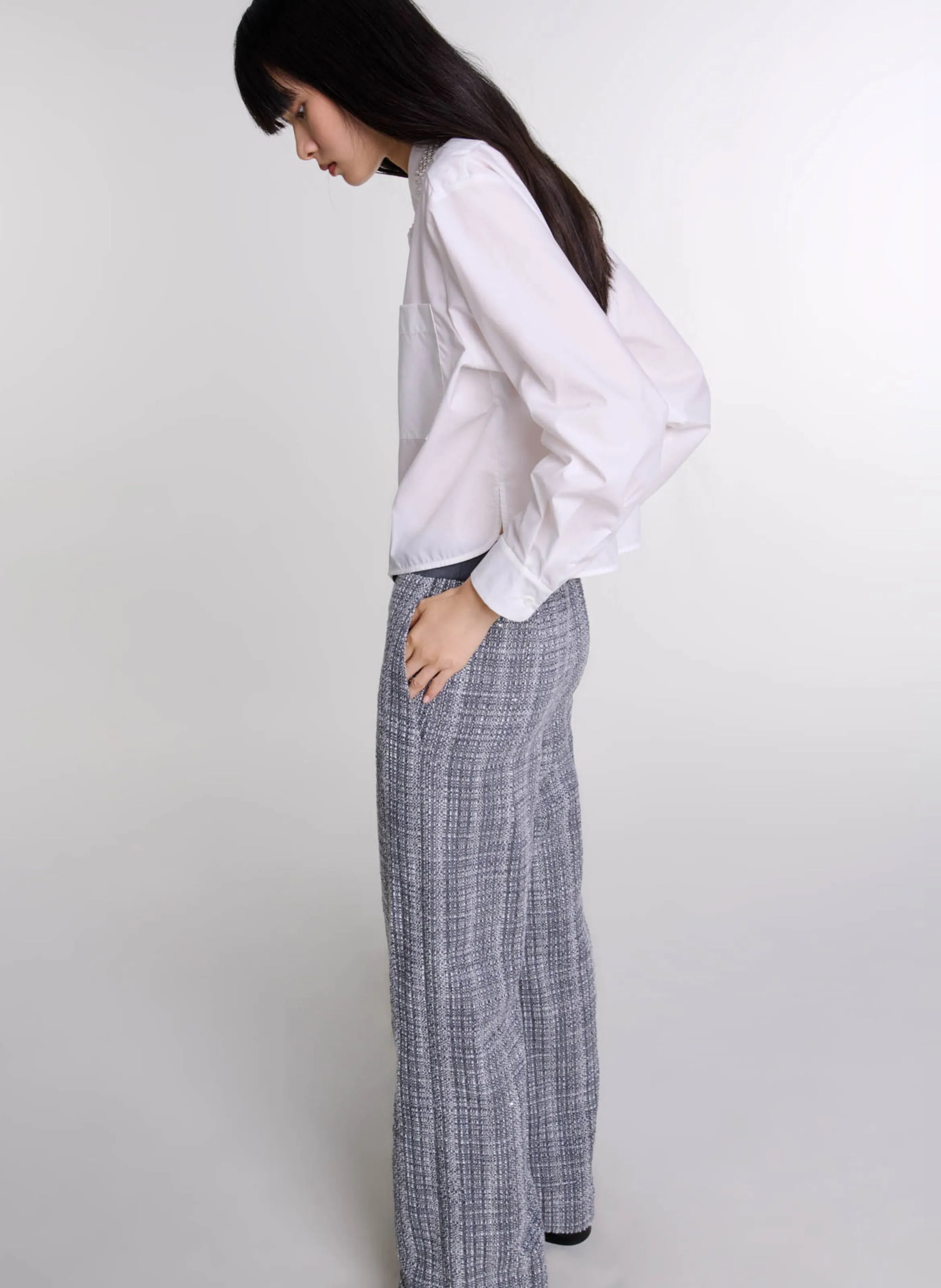 MAJE Pantalón ancho de tweed de talle alto en gris