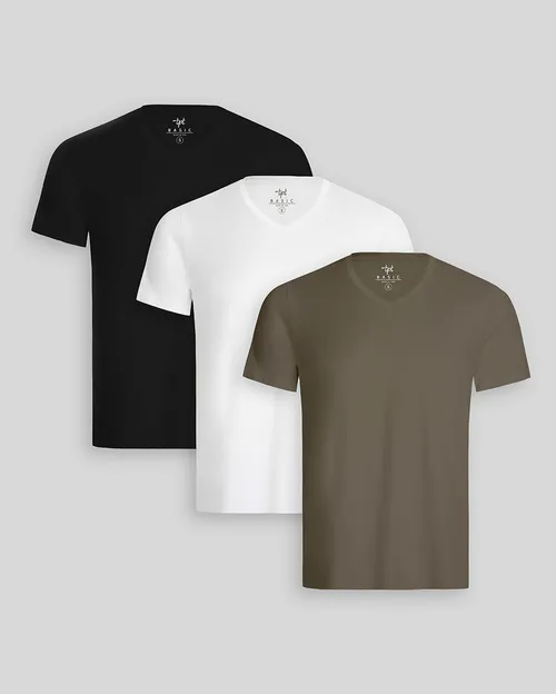 Pack de 3 polos Hombre Cuello V Blanco / Negro / Verde Militar