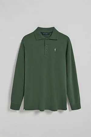 Polo de manga larga de tres botones en verde con logo Rigby Go