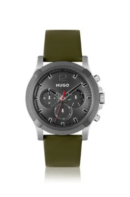 Reloj con varios indicadores y correa de piel verde oliva