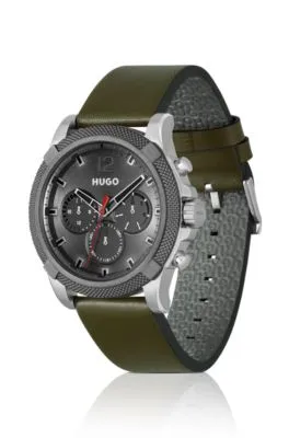 Reloj con varios indicadores y correa de piel verde oliva