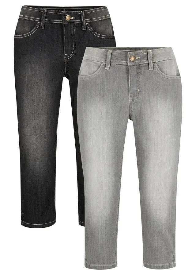 Vaqueros elásticos de corte capri (2 unidades) Gris claro + negro desgastado