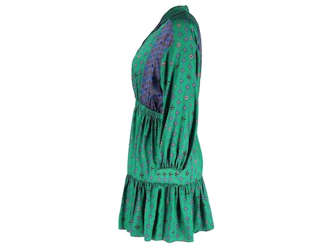 Vestido camisa mini de cintura fruncida en satén verde impreso de Sandro Paris con bloques de color 