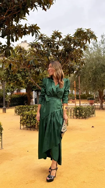 Vestido Satén Brocado Verde botella