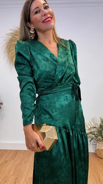Vestido Satén Brocado Verde botella
