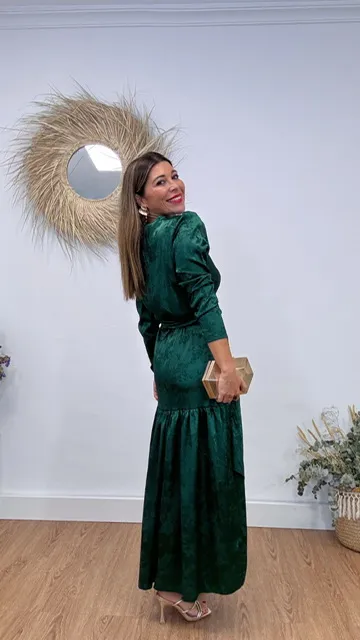 Vestido Satén Brocado Verde botella