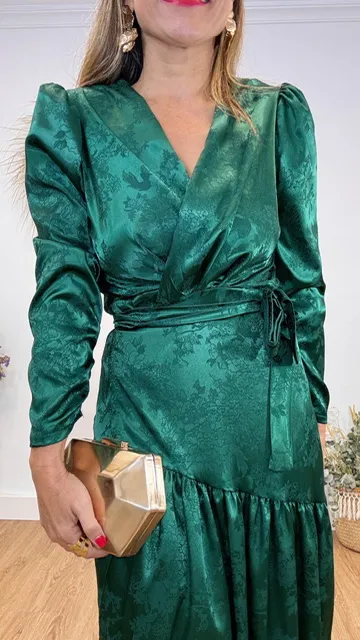 Vestido Satén Brocado Verde botella