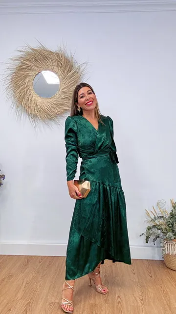Vestido Satén Brocado Verde botella